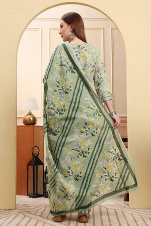 Green Floral Printed Cotton Straight Cut Suit Set