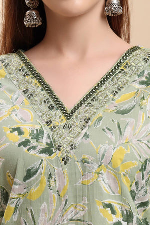 Green Floral Printed Cotton Straight Cut Suit Set