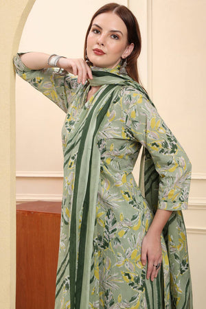 Green Floral Printed Cotton Straight Cut Suit Set