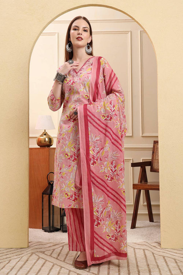 Pink Floral Printed Cotton Straight Cut Suit Set