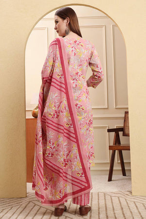 Pink Floral Printed Cotton Straight Cut Suit Set