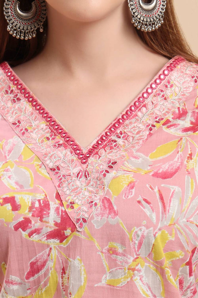 Pink Floral Printed Cotton Straight Cut Suit Set