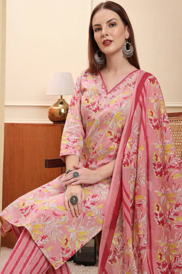Pink Floral Printed Cotton Straight Cut Suit Set