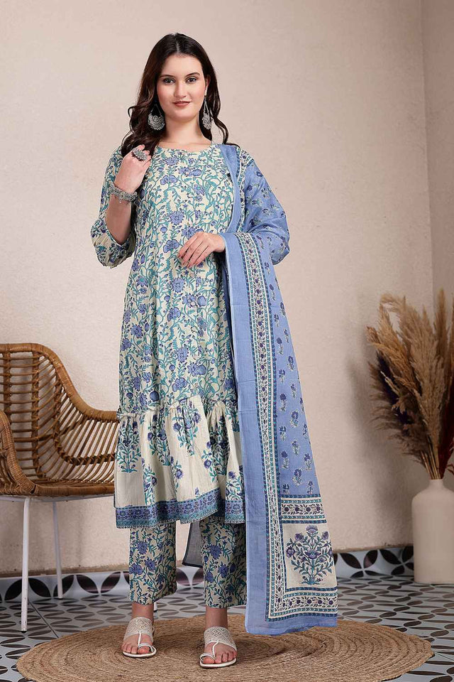 Blue Floral Printed Cotton Kurti Pant Set