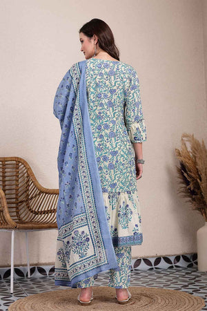 Blue Floral Printed Cotton Kurti Pant Set