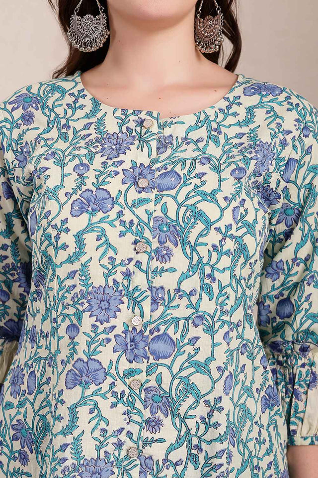 Blue Floral Printed Cotton Kurti Pant Set