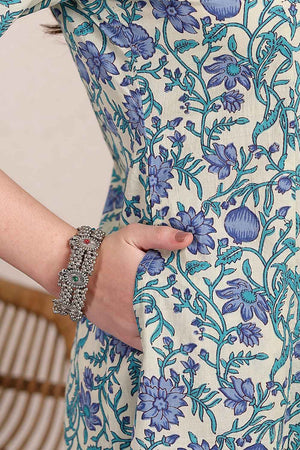Blue Floral Printed Cotton Kurti Pant Set