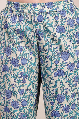 Blue Floral Printed Cotton Kurti Pant Set