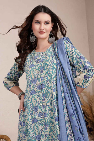 Blue Floral Printed Cotton Kurti Pant Set