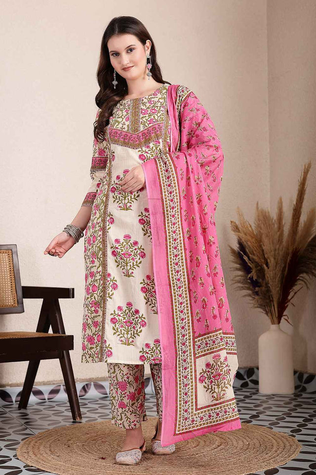 Pink and Beige Floral Printed Cotton Kurti Pant Set