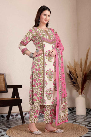 Pink and Beige Floral Printed Cotton Kurti Pant Set
