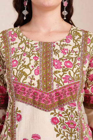 Pink and Beige Floral Printed Cotton Kurti Pant Set