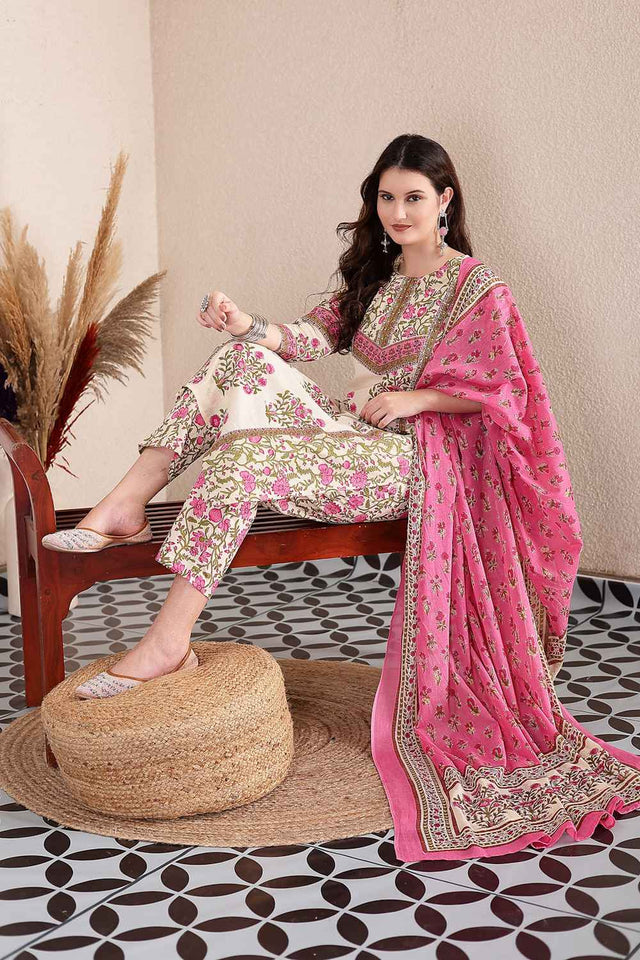 Pink and Beige Floral Printed Cotton Kurti Pant Set