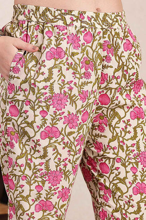 Pink and Beige Floral Printed Cotton Kurti Pant Set