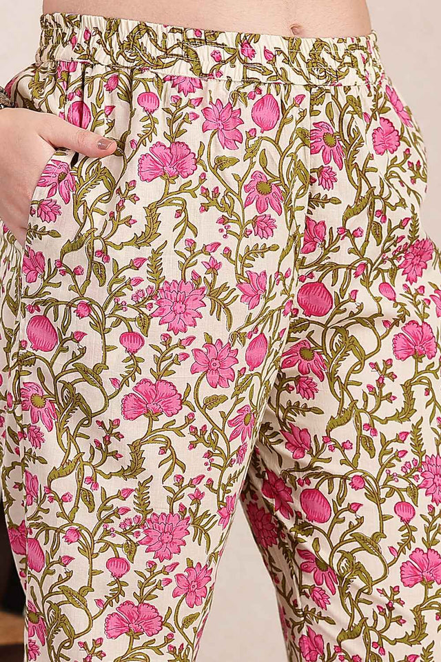 Pink and Beige Floral Printed Cotton Kurti Pant Set