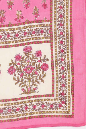 Pink and Beige Floral Printed Cotton Kurti Pant Set