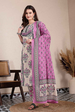 Purple and Beige Floral Printed Cotton Kurti Pant Set