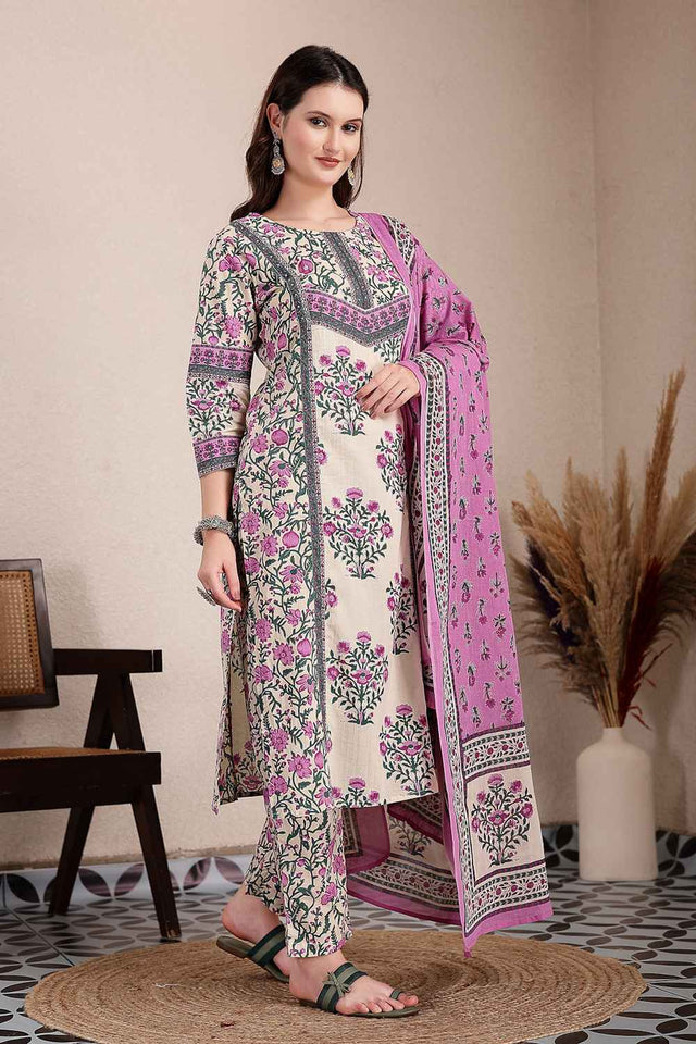 Purple and Beige Floral Printed Cotton Kurti Pant Set