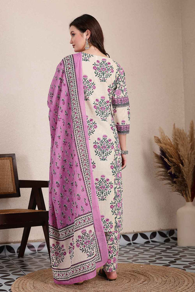 Purple and Beige Floral Printed Cotton Kurti Pant Set