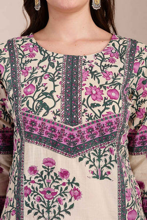 Purple and Beige Floral Printed Cotton Kurti Pant Set