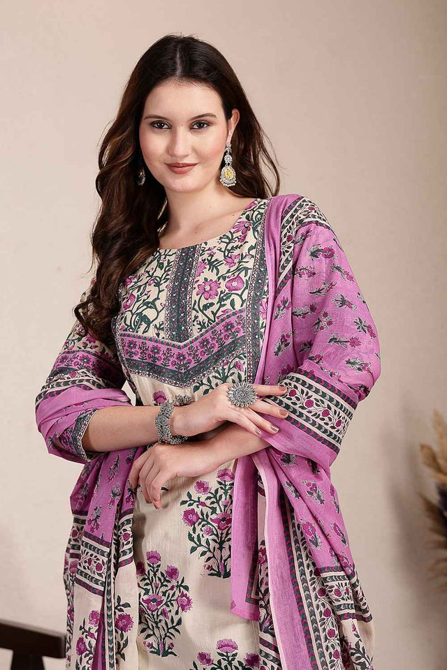 Purple and Beige Floral Printed Cotton Kurti Pant Set