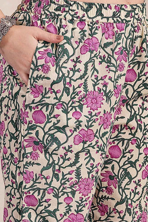 Purple and Beige Floral Printed Cotton Kurti Pant Set