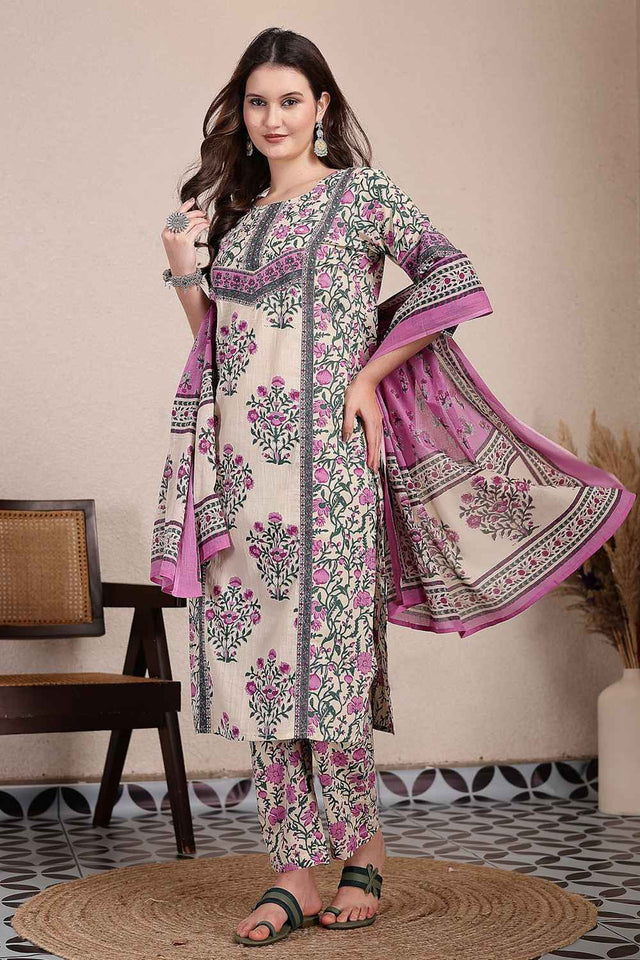 Purple and Beige Floral Printed Cotton Kurti Pant Set