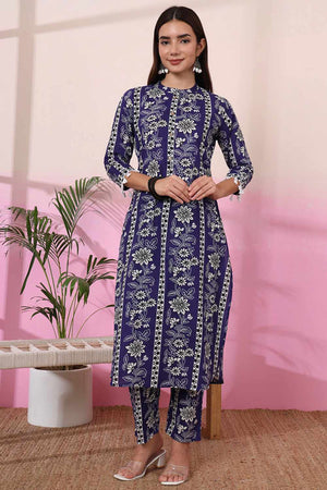 Blue Floral Print Cotton Kurti Pant Set