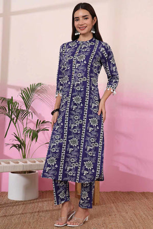 Blue Floral Print Cotton Kurti Pant Set