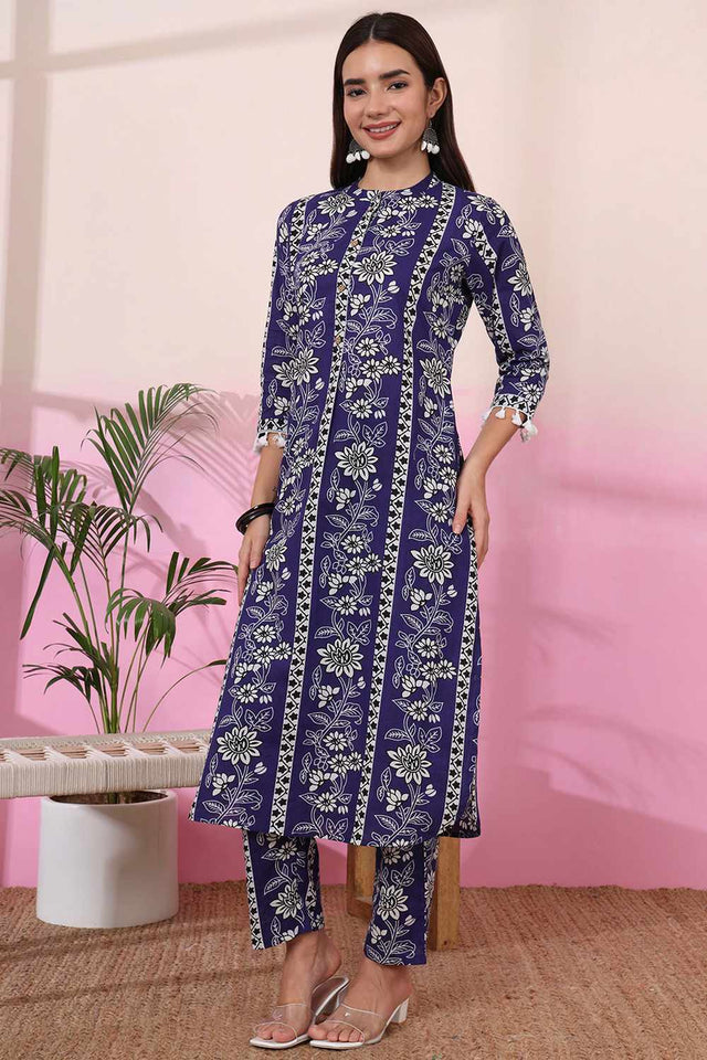 Blue Floral Print Cotton Kurti Pant Set