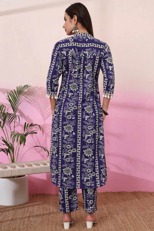 Blue Floral Print Cotton Kurti Pant Set