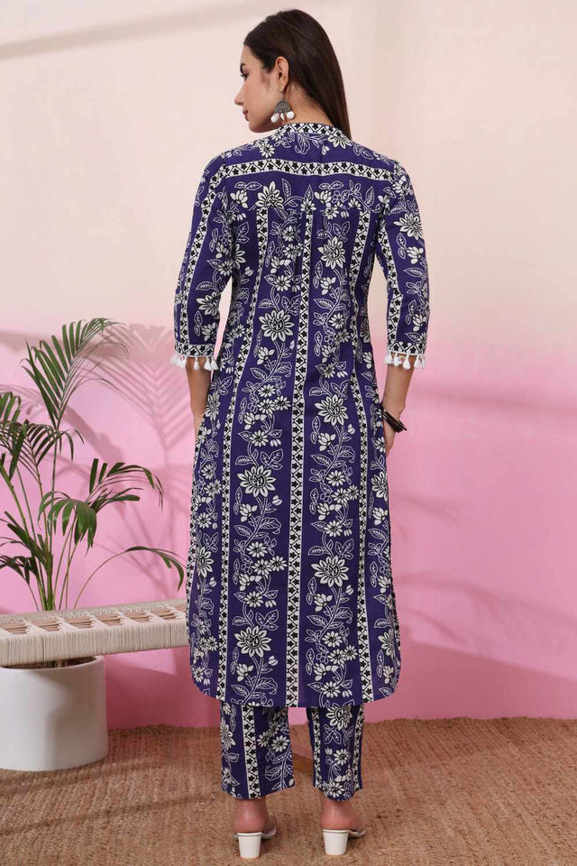 Blue Floral Print Cotton Kurti Pant Set