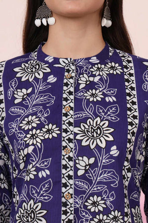 Blue Floral Print Cotton Kurti Pant Set