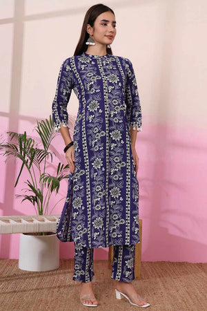 Blue Floral Print Cotton Kurti Pant Set