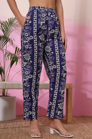 Blue Floral Print Cotton Kurti Pant Set