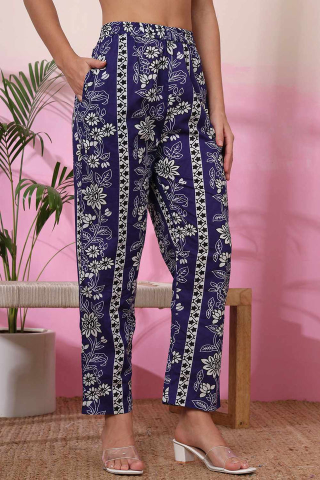 Blue Floral Print Cotton Kurti Pant Set