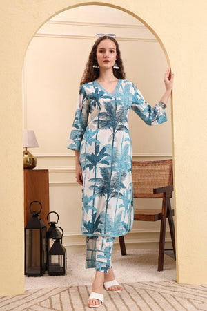 Blue Printed Cotton Straight Cut Suit Set