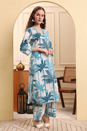 Blue Printed Cotton Straight Cut Suit Set