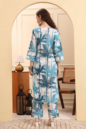 Blue Printed Cotton Straight Cut Suit Set