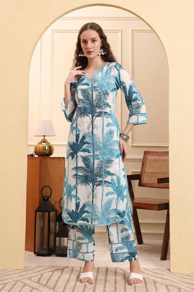 Blue Printed Cotton Straight Cut Suit Set