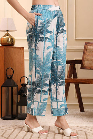 Blue Printed Cotton Straight Cut Suit Set