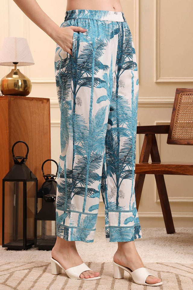 Blue Printed Cotton Straight Cut Suit Set