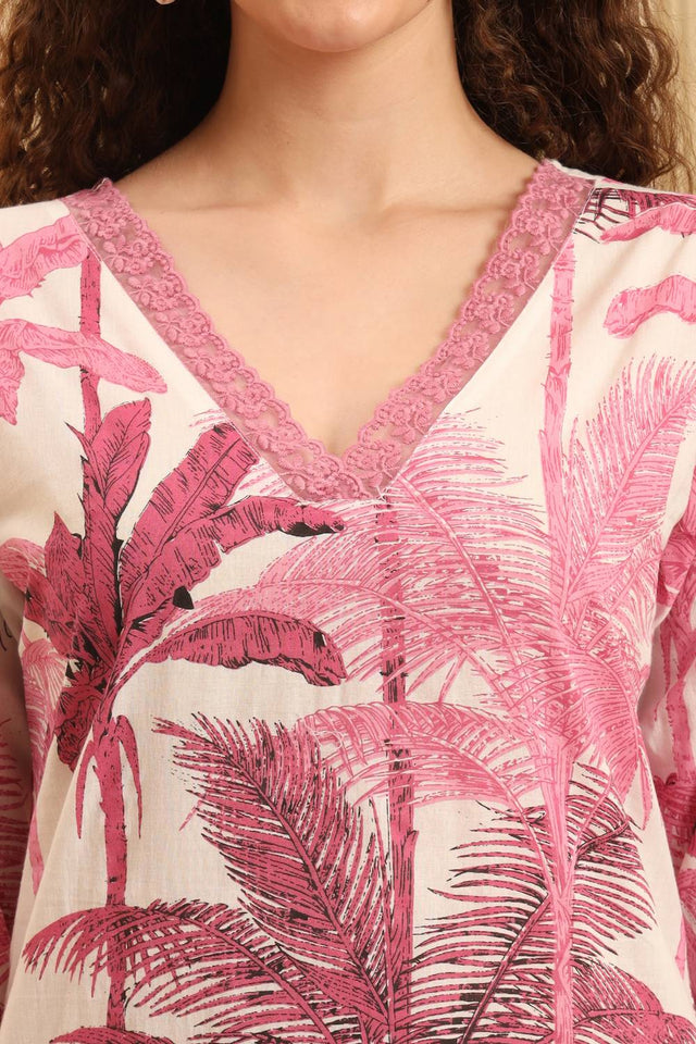 Pink Printed Cotton Straight Cut Suit Set