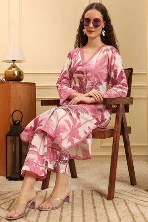 Pink Printed Cotton Straight Cut Suit Set