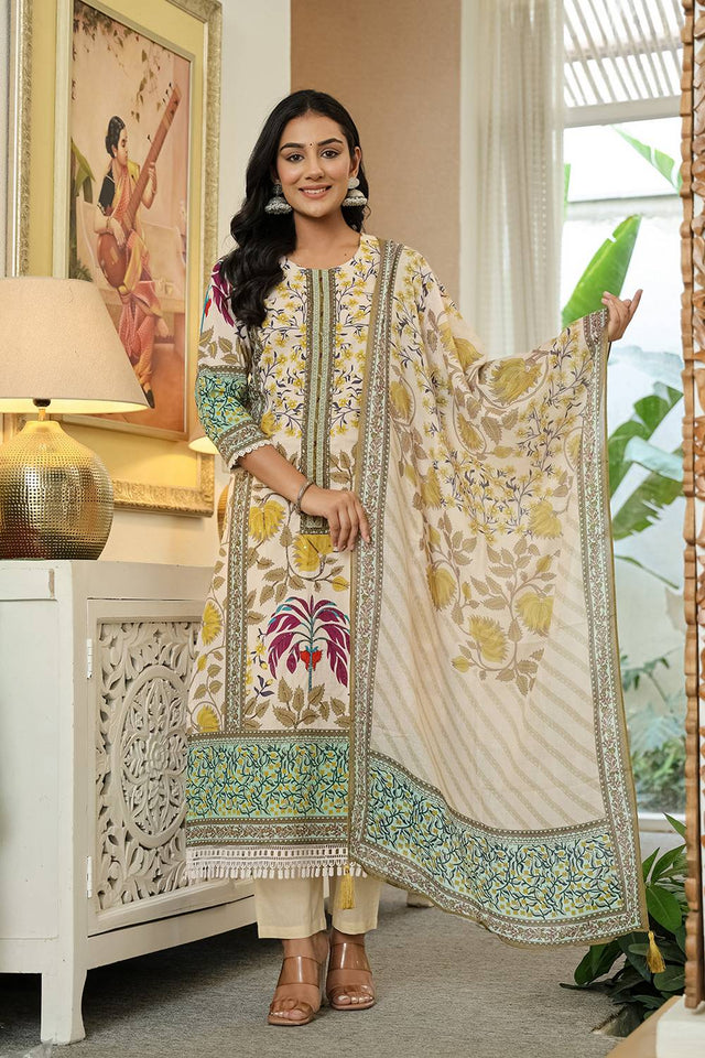Yellow Floral Printed Cotton Straight Cut Suit Set