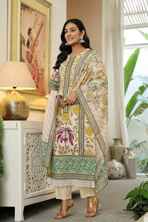 Yellow Floral Printed Cotton Straight Cut Suit Set