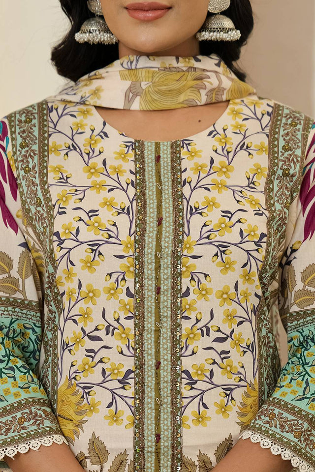 Yellow Floral Printed Cotton Straight Cut Suit Set