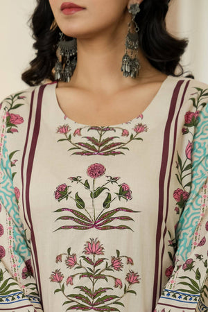 Blue Floral Printed Cotton Straight Cut Suit Set