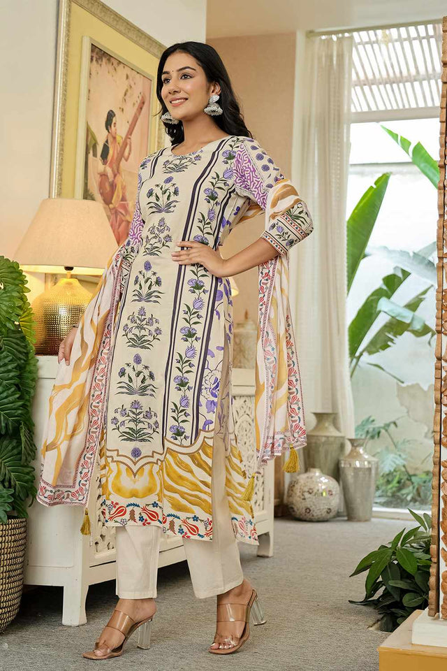 Yellow Floral Print Cotton Kurti Pant Set