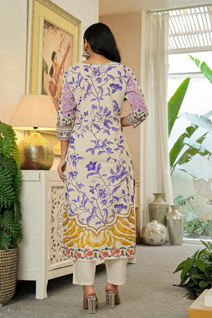 Yellow Floral Print Cotton Kurti Pant Set